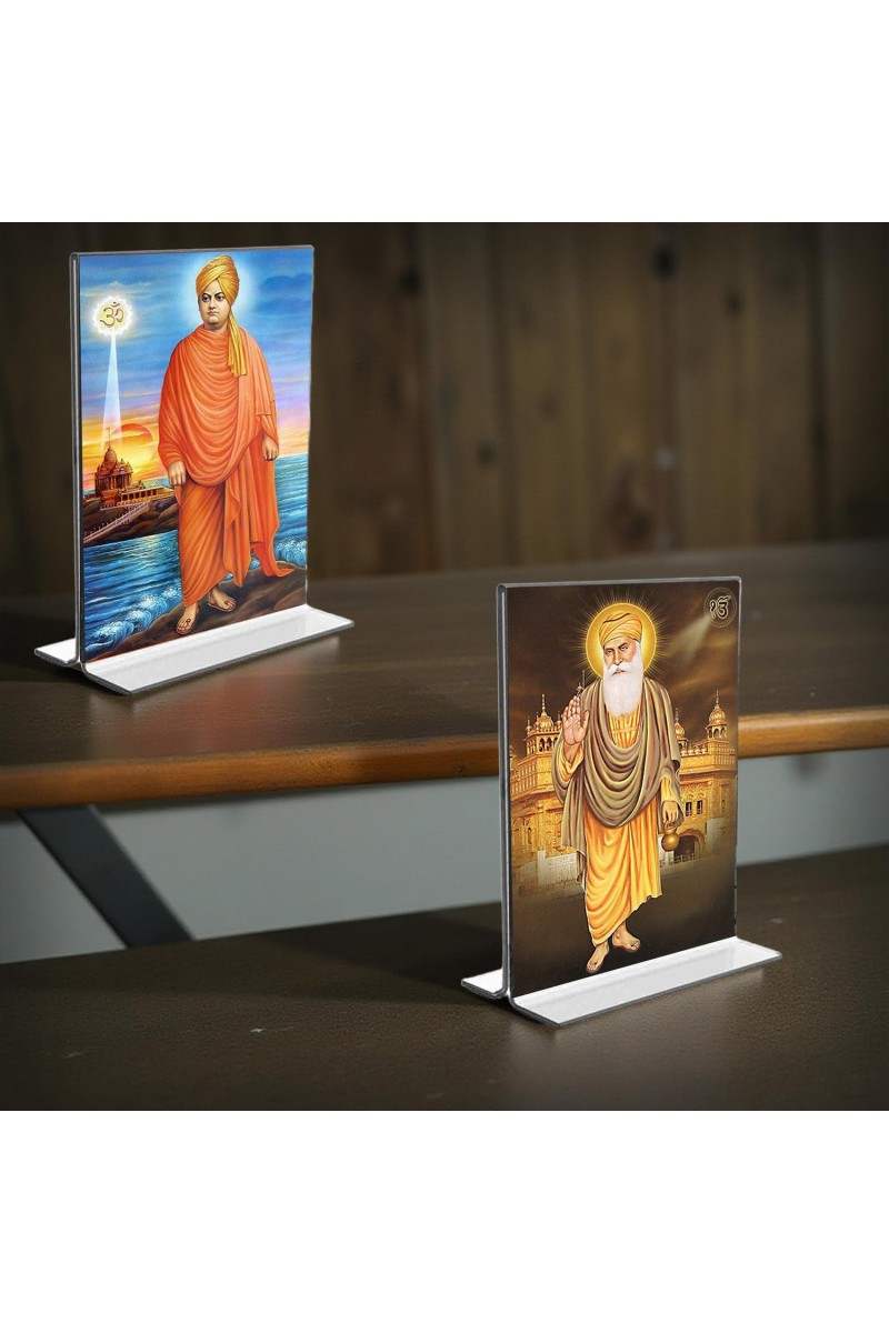 Swami Vivekananda & Guru Nanak Acrylic T-Style Photo Stand, Compact and Stylish Spiritual Display, easily change 2 photos (Pack of 1)