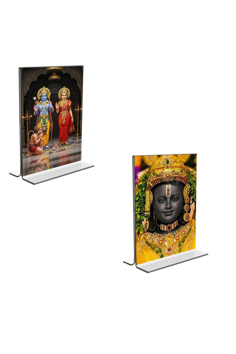 Car Desk/Table Top Sri Ram & Ram Lalla Acrylic T-Style Photo Stand - 2.5x3.5 Inches, Compact and Stylish Spiritual Display, easily change 2 photos (Pack of 1)