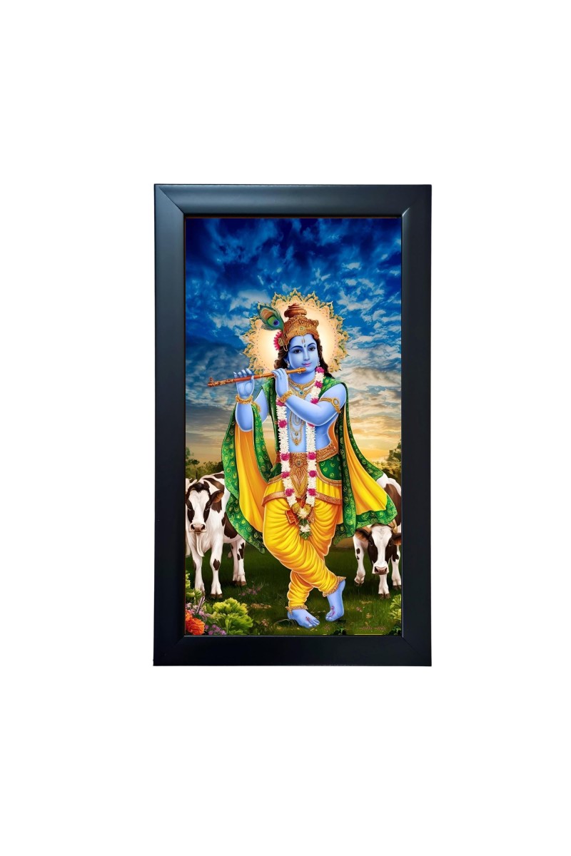 Hitech Sales Shree Krishna Wall-Mount Polystyrene Photo Frame Home Pooja Room, Decoration and Gifting, 9.6 x 15.6 inches Black Frame (Pack of 1, Printed Photo)