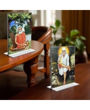 Lokenath Baba & Sai Baba Acrylic T-Style Photo Stand - 11x13 Inches, Compact and Stylish Spiritual Display, easily change 2 photos (Pack of 1)