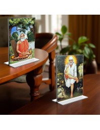 Lokenath Baba & Sai Baba Acrylic T-Style Photo Stand - 11x13 Inches, Compact and Stylish Spiritual Display, easily change 2 photos (Pack of 1)
