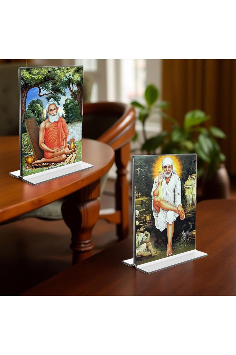 Lokenath Baba & Sai Baba Acrylic T-Style Photo Stand - 7x9 Inches, Compact and Stylish Spiritual Display, easily change 2 photos (Pack of 1)
