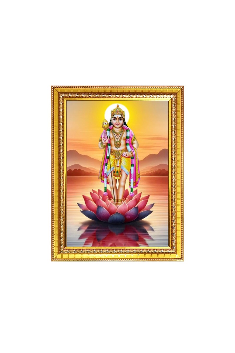 Lord Kartikeya Photo Frame - 10x14 Inches, Brown Wooden Frame for Home, Office & Temple Decoration