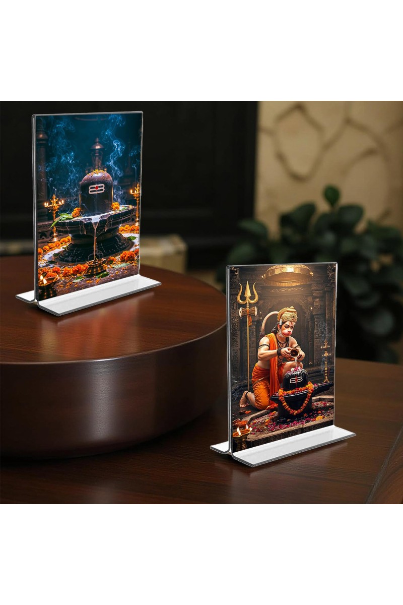 Sri Hanuman & Lord Shiva Lingam Acrylic T-Style Photo Stand, Compact and Stylish Spiritual Display, easily change 2 photos (Pack of 1)