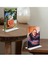 Debi Lokenath Baba & Neem Karoli Baba Acrylic T-Style Photo Stand, Compact and Stylish Spiritual Display, easily change 2 photos (Pack of 1)