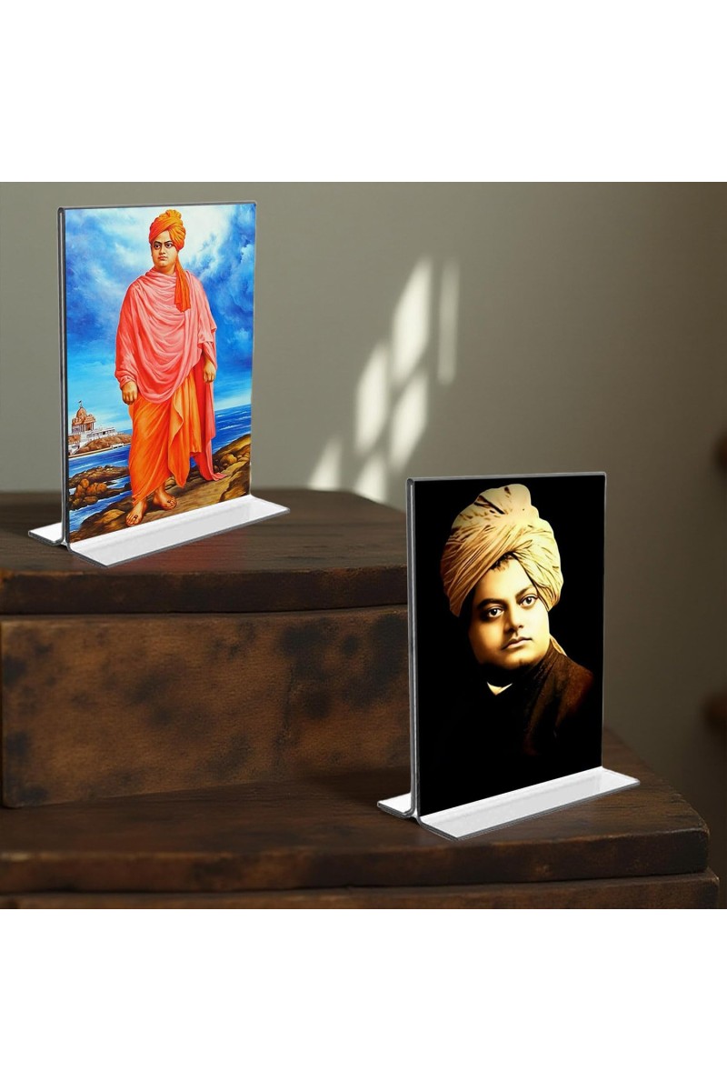 Swami Vivekananda Acrylic T-Style Photo Stand, Compact and Stylish Spiritual Display, easily change 2 photos (Pack of 1)