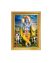 Lord Sri Krishna playing Flute Photo Frame - 10x14 Inches, Brown Wooden Frame for Home, Office & Temple Decoration