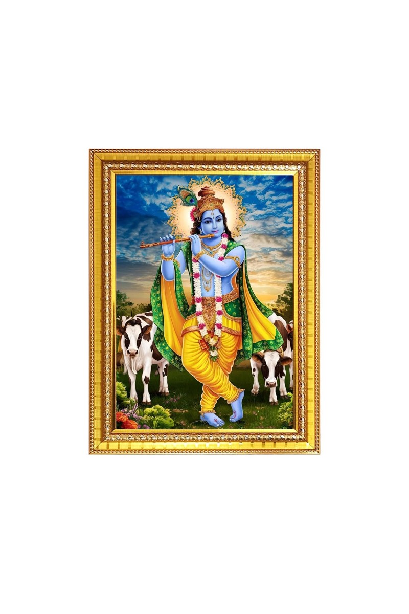 Lord Sri Krishna playing Flute Photo Frame - 10x14 Inches, Brown Wooden Frame for Home, Office & Temple Decoration