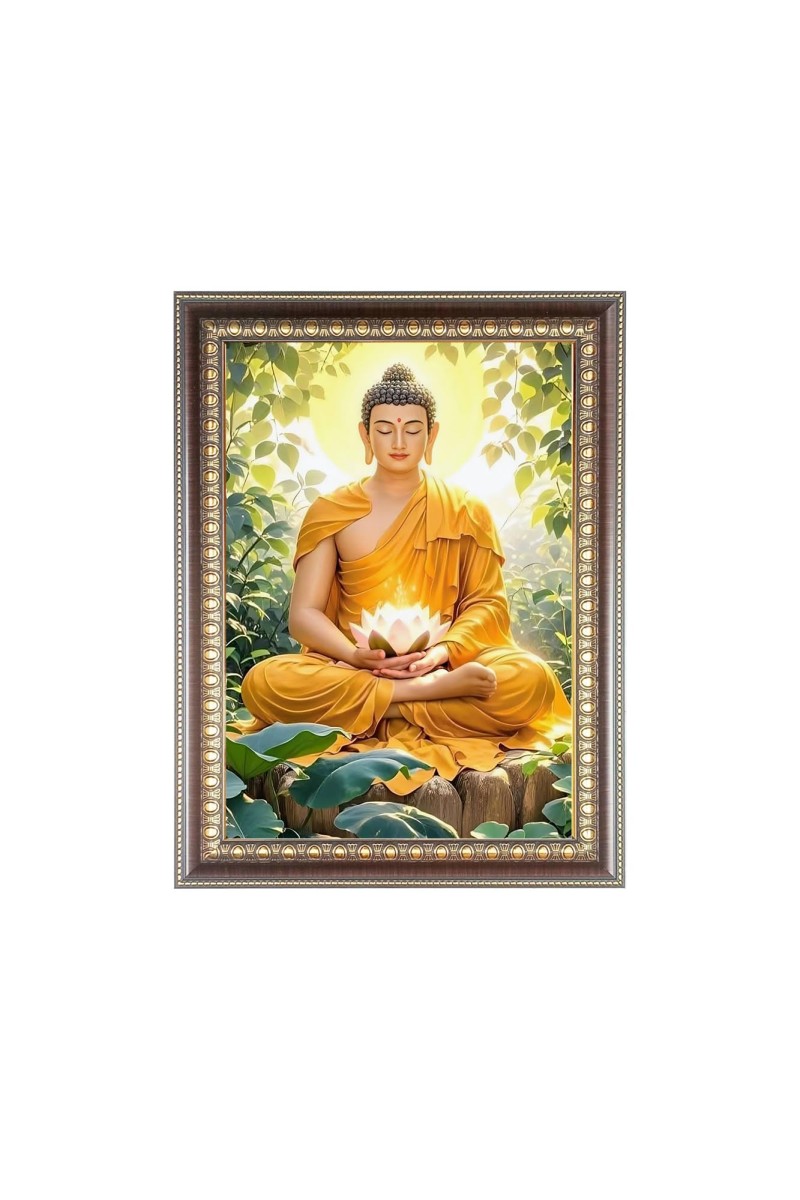 Lord Buddha Photo Frame - 10x14 Inches, Brown Wooden Frame for Home, Office & Temple Decoration