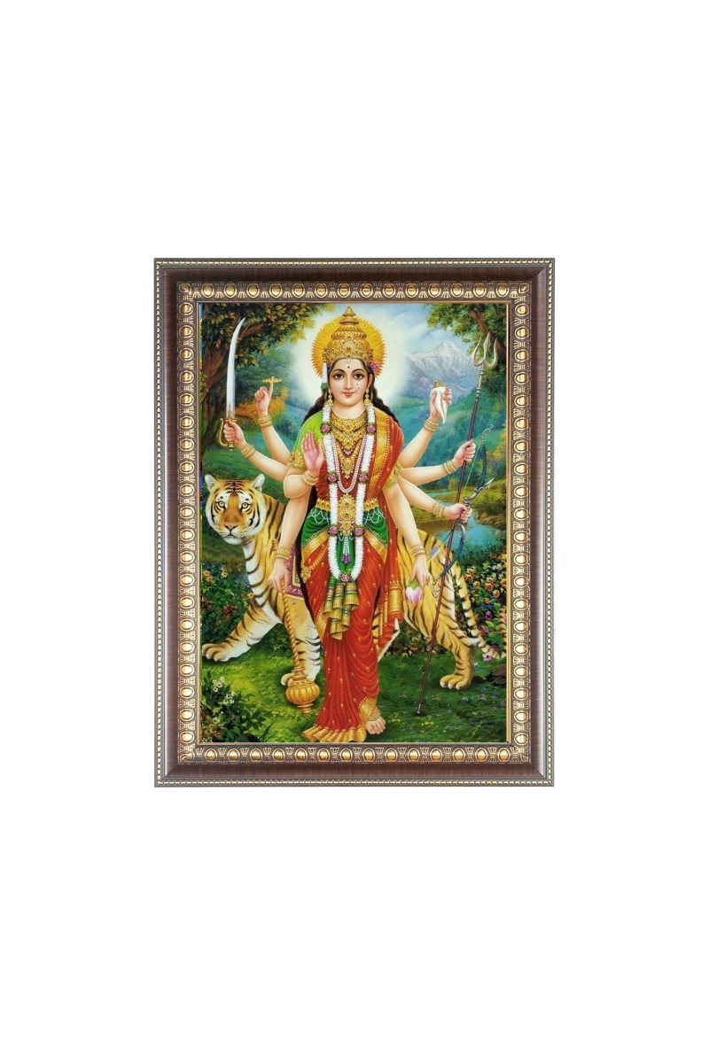 Maa Durga Photo Frame - 16x20 Inches, Brown Wooden Frame for Home, Office & Temple Decoration