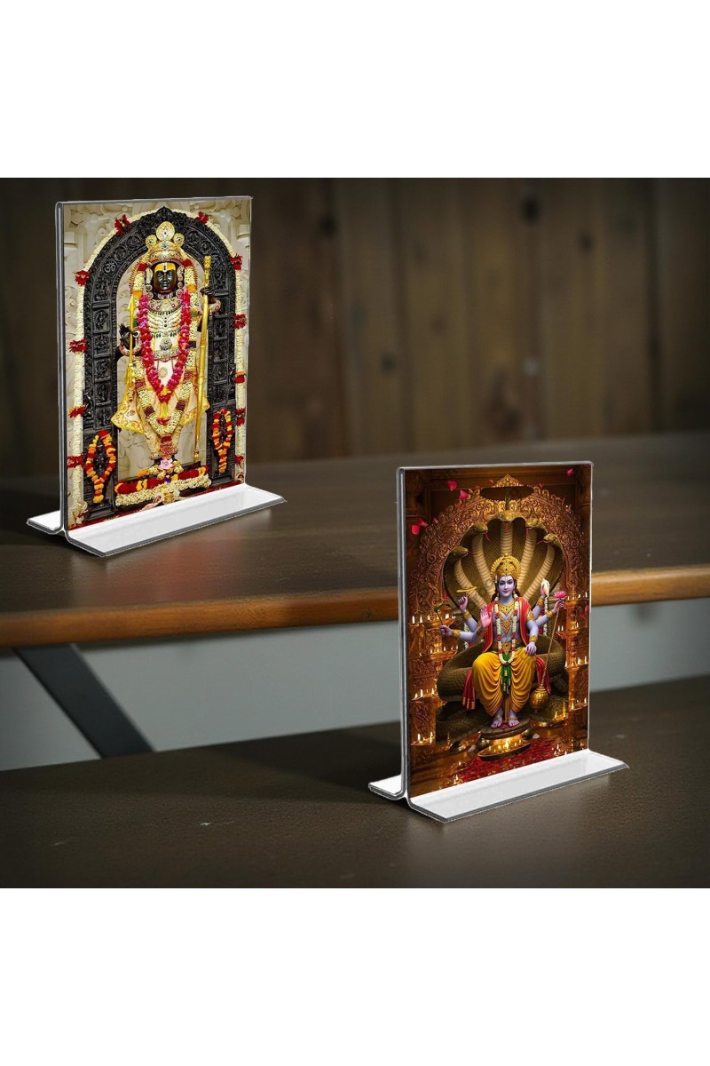 Sri Ram Lalla & Lord Vishnu Acrylic T-Style Photo Stand - 9x11 Inches, Compact and Stylish Spiritual Display, easily change 2 photos (Pack of 1)