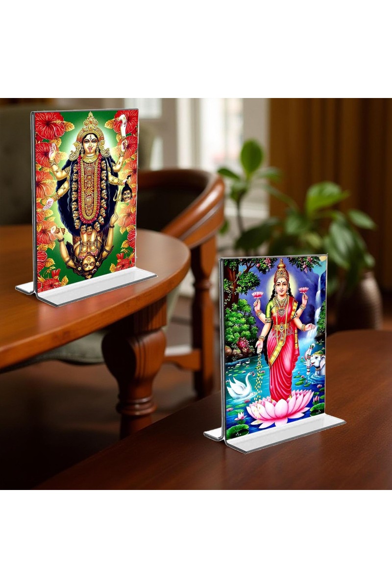 Debi Kali & Debi Lakshmi Acrylic T-Style Photo Stand, Compact and Stylish Spiritual Display, easily change 2 photos (Pack of 1)