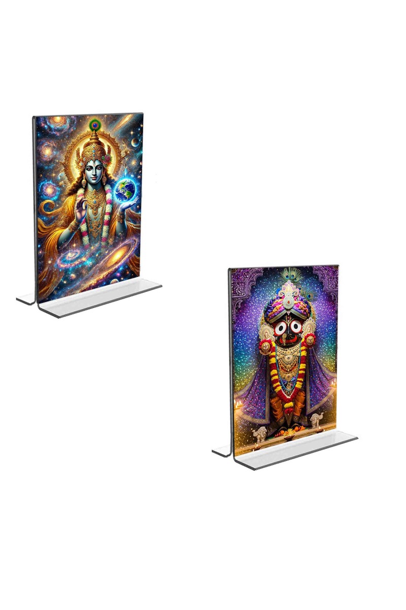 Car Desk/Table Top Lord Vishnu & Lord Jagannath Acrylic T-Style Photo Stand - 2.5x3.5 Inches, Compact and Stylish Spiritual Display, easily change 2 photos (Pack of 1)
