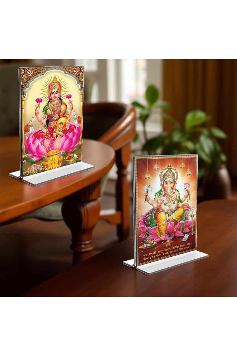 Debi Lakshmi & Sri Ganesh Acrylic T-Style Photo Stand - 11x13 Inches, Compact and Stylish Spiritual Display, easily change 2 photos (Pack of 1)