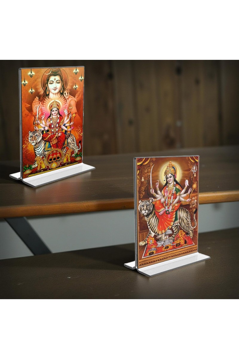 Lord Shiva & Lord Durga Acrylic T-Style Photo Stand, Compact and Stylish Spiritual Display, easily change 2 photos (Pack of 1)