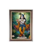 Lord Sri Krishna playing Flute Photo Frame - 10x14 Inches, Brown Wooden Frame for Home, Office & Temple Decoration