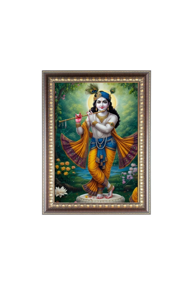 Lord Sri Krishna playing Flute Photo Frame - 10x14 Inches, Brown Wooden Frame for Home, Office & Temple Decoration