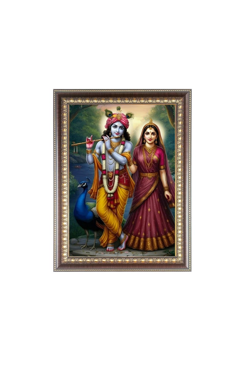 Maa Radha with Sri Krishna Photo Frame - 10x14 Inches, Brown Wooden Frame for Home, Office & Temple Decoration