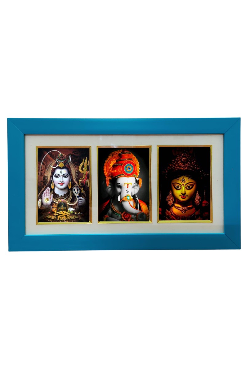 Hi tech Sales Shiv, Ganesh, Maa Durga photo frame || synthetic photo Frame with Glass || Three Gods in Single Frame (Multicolor) for wall, living room, gifts, pooja (Sky Blue)