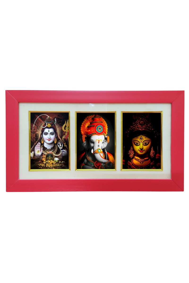 Hi tech Sales Shiv, Ganesh, Maa Durga photo frame || synthetic photo Frame with Glass || Three Gods in Single Frame (Multicolor) for wall, living room, gifts, pooja (Red)