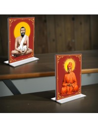 Sri Ramakrishna Paramhansa & Swami Vivekananda Acrylic T-Style Photo Stand, Compact and Stylish Spiritual Display, easily change 2 photos (Pack of 1)
