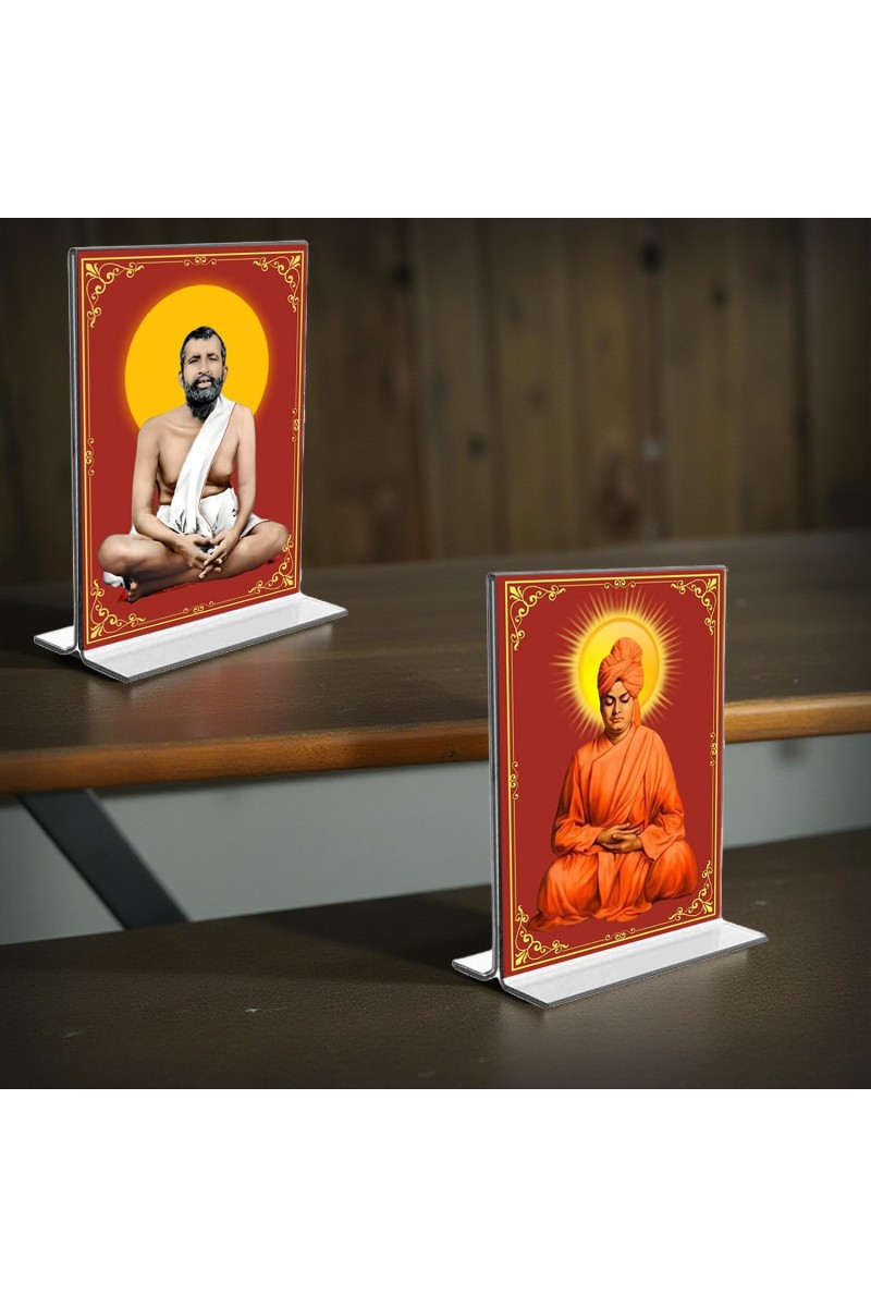 Sri Ramakrishna Paramhansa & Swami Vivekananda Acrylic T-Style Photo Stand, Compact and Stylish Spiritual Display, easily change 2 photos (Pack of 1)
