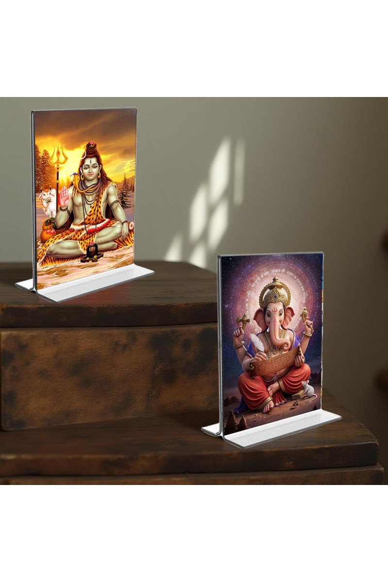 Lord Shiva & Lord Ganesh Acrylic T-Style Photo Stand - 5x7 Inches, Compact and Stylish Spiritual Display, easily change 2 photos (Pack of 1)