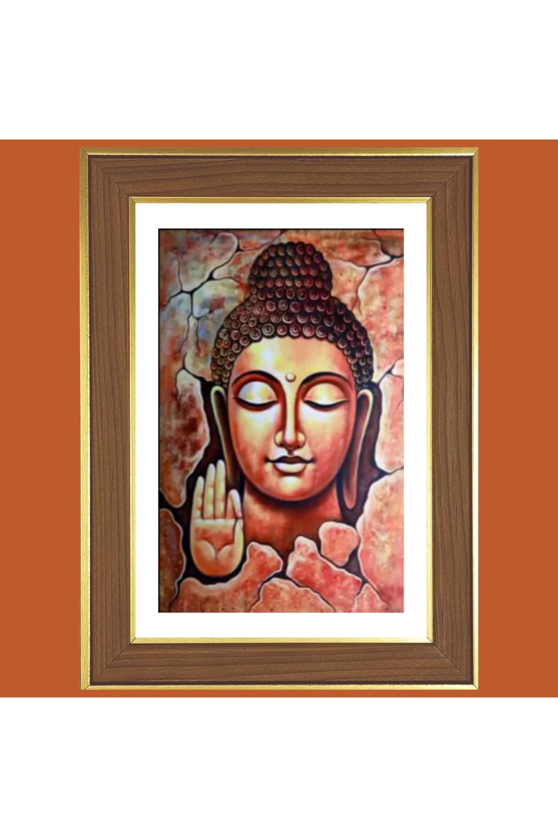 Peaceful Buddha Photo Frame - 10x14 Inches, Brown Wooden Frame for Home, Office & Temple Decoration