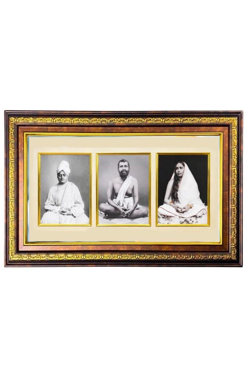 Swami Vivekananda, Ramakrishna Paramhansa & Sarada Maa Photo Frame | 3-in-1 Wooden Wall Frame with Golden Border | Spiritual Wall Decor for Living Room, Office & Gift Purpose