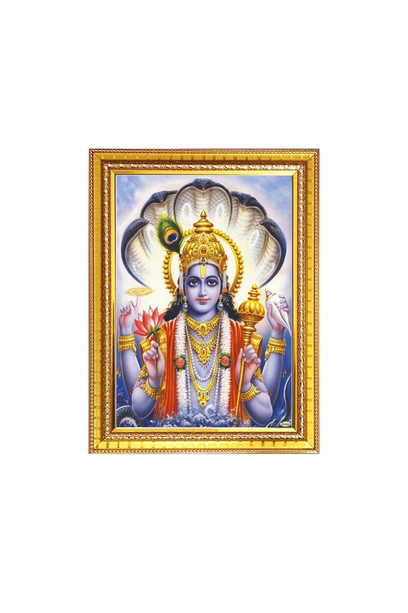Lord Narayan Photo Frame - 10x14 Inches, Brown Wooden Frame for Home, Office & Temple Decoration