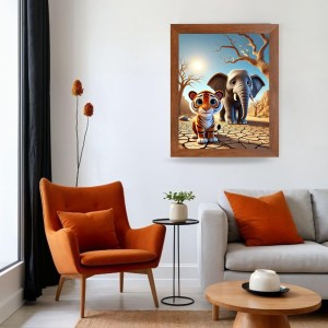 AI Funny Tiger and Elephant Art Picture for Kids - 10x14 inches, Brown Color - Perfect Wall Decor for Children's Room