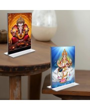 Sri Ganesh & Debi Saraswati Acrylic T-Style Photo Stand - 7x9 Inches, Compact and Stylish Spiritual Display, easily change 2 photos (Pack of 1)