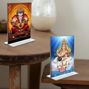Sri Ganesh & Debi Saraswati Acrylic T-Style Photo Stand - 11x13 Inches, Compact and Stylish Spiritual Display, easily change 2 photos (Pack of 1)