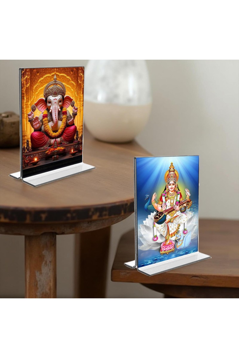 Sri Ganesh & Debi Saraswati Acrylic T-Style Photo Stand - 7x9 Inches, Compact and Stylish Spiritual Display, easily change 2 photos (Pack of 1)