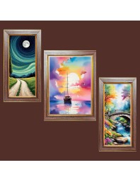 3-Pack Moonlight Over Mountains painting Photo Frames - 2 Pieces 12x19 Inch & 1 Piece 16x19 Inch - Rustic Wall Art for Home & Office Decor - Botanical Wall Hanging for Living Room, Bedroom, or W