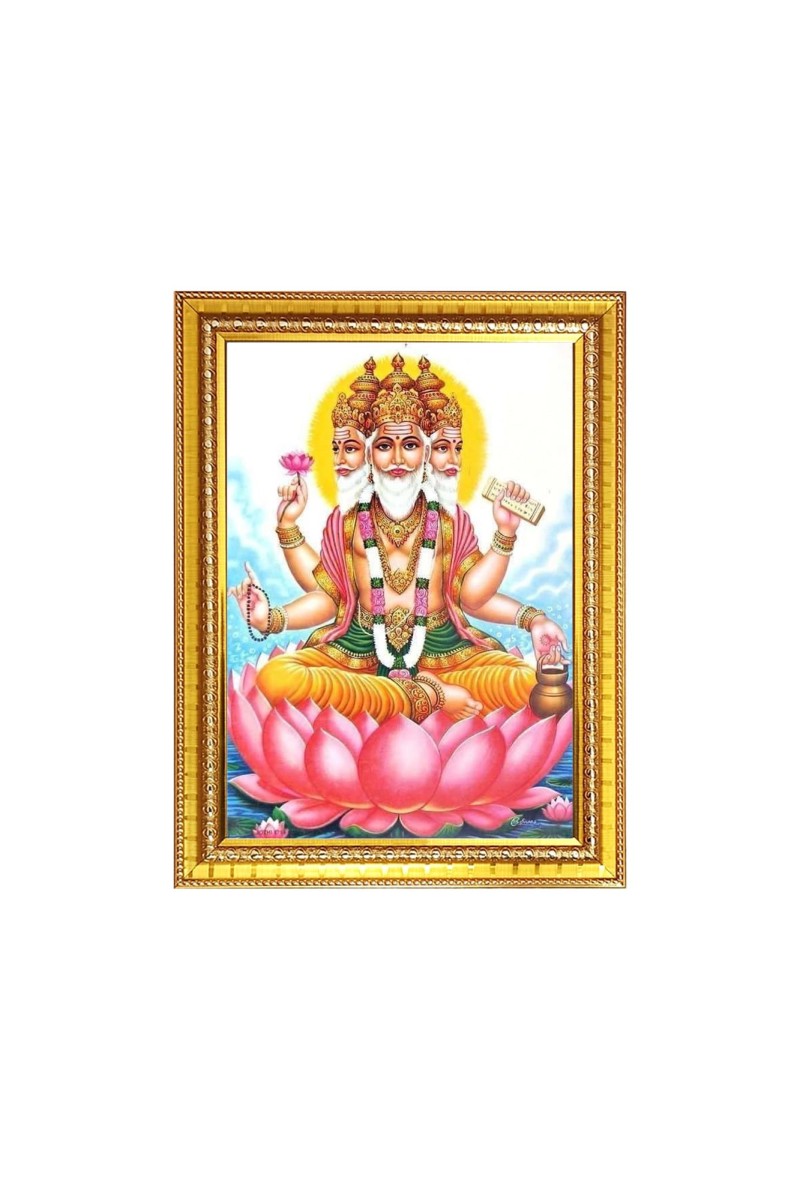 Lord Brahma Photo Frame - 10x14 Inches, Brown Wooden Frame for Home, Office & Temple Decoration