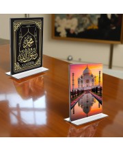 Islamic Allah & Taj Mahal Acrylic T-Style Photo Stand - 5x7 Inches, Compact and Stylish Spiritual Display, easily change 2 photos (Pack of 1)