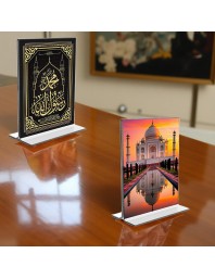 Islamic Allah & Taj Mahal Acrylic T-Style Photo Stand, Compact and Stylish Spiritual Display, easily change 2 photos (Pack of 1)