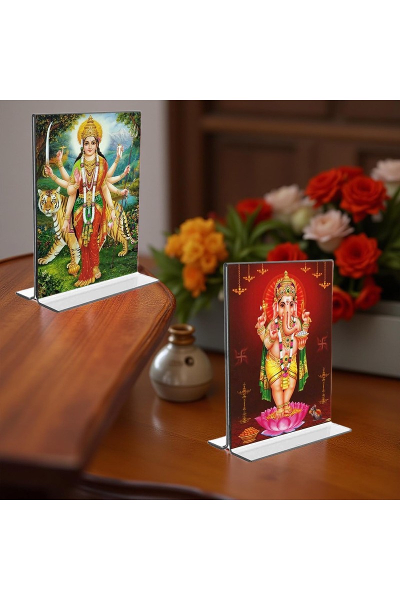 Lord Ganesh & Debi Durga Acrylic T-Style Photo Stand - 9x11 Inches, Compact and Stylish Spiritual Display, easily change 2 photos (Pack of 1)