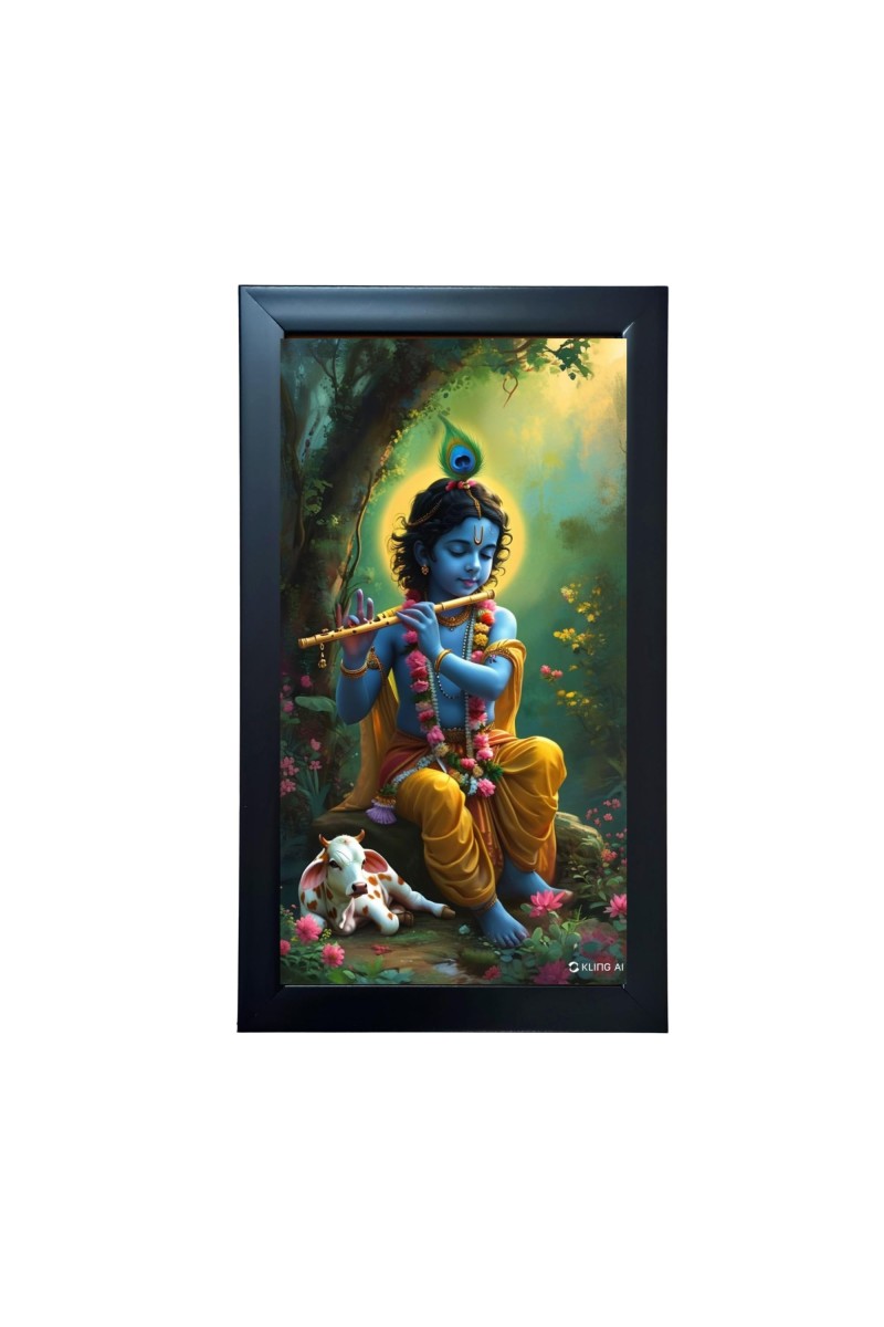 Hitech Sales Lord Krishna Wall-Mount Polystyrene Photo Frame Home Pooja Room, Decoration and Gifting, 9.6 x 15.6 inches Black Frame (Pack of 1, Printed Photo)