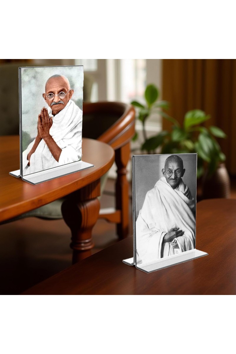 Mahatma Gandhi Acrylic T-Style Photo Stand, Compact and Stylish Spiritual Display, easily change 2 photos (Pack of 1)