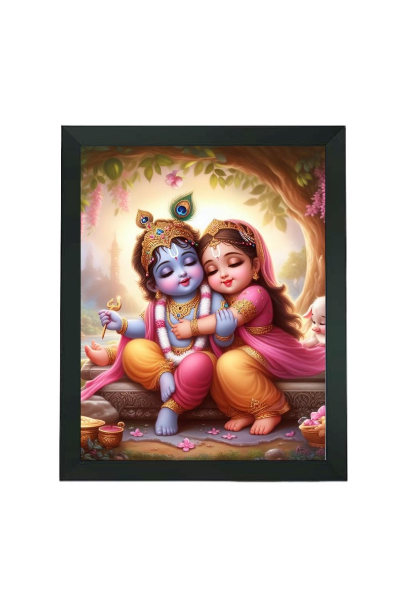 Hitech Sales Radha Krishna Polystyrene Photo Frame for Pooja Room, Temple Decor, Home Decoration and Gifting (Wall and Tabletop, Rectangular, Printed Photo, 7.12 x 9.12 inches Frame, Black)