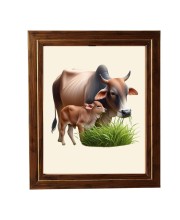 Hitech Sales Cow and It's Baby Viny | Photo Frame for Kids Room, Bedroom, Living Room (Wall and Tabletop, Rectangular, Printed Photo, 12 x 14 inches Frame, Brown)