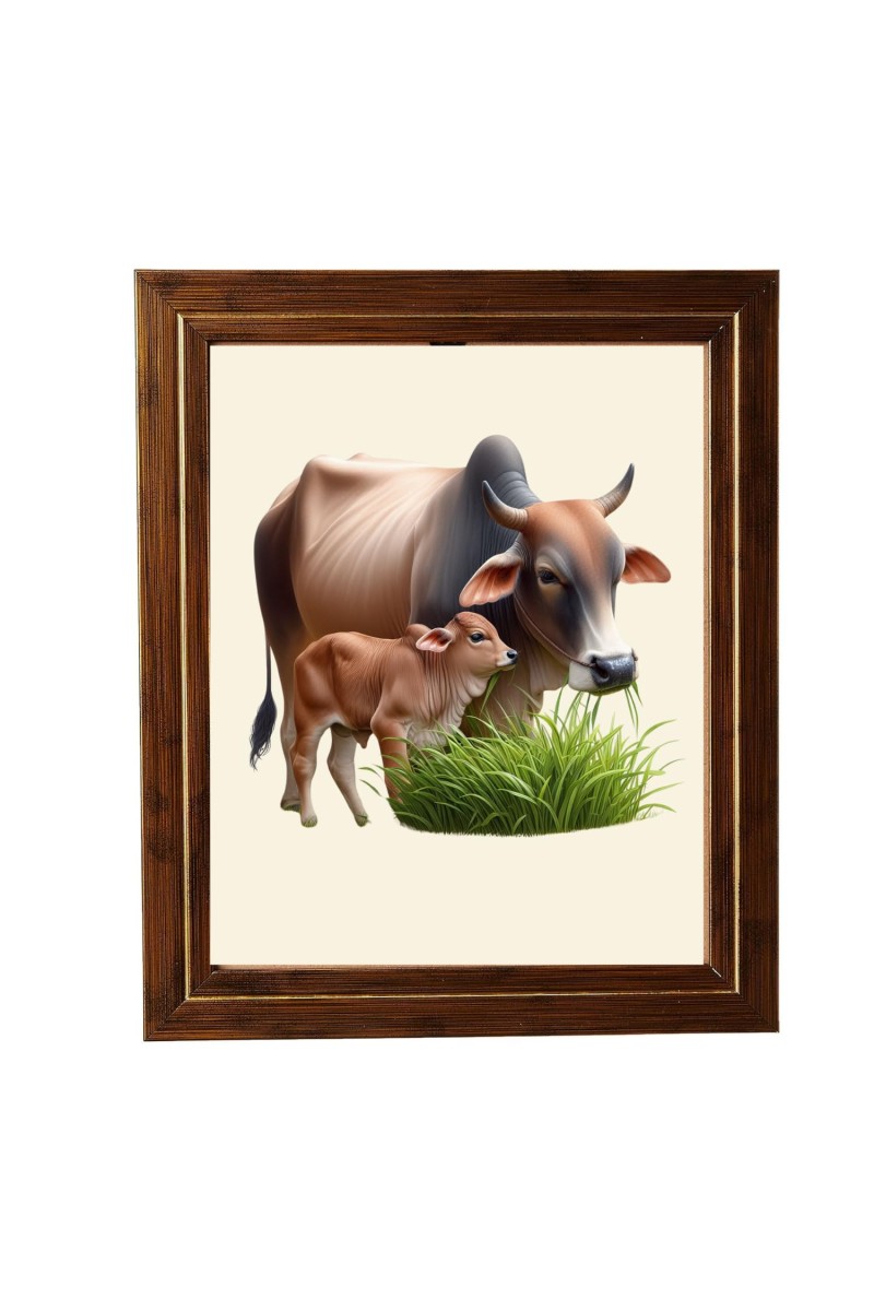Hitech Sales Cow and It's Baby Viny | Photo Frame for Kids Room, Bedroom, Living Room (Wall and Tabletop, Rectangular, Printed Photo, 12 x 14 inches Frame, Brown)