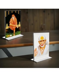 Sai Baba Acrylic T-Style Photo Stand - 7x9 Inches, Compact and Stylish Spiritual Display, easily change 2 photos (Pack of 1)