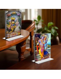 Sri Radha Sri Krishna Acrylic T-Style Photo Stand - 11x13 Inches, Compact and Stylish Spiritual Display, easily change 2 photos (Pack of 1)