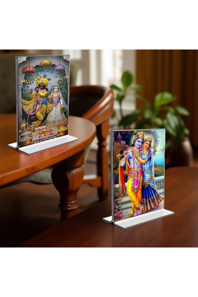 Sri Radha Sri Krishna Acrylic T-Style Photo Stand, Compact and Stylish Spiritual Display, easily change 2 photos (Pack of 1)