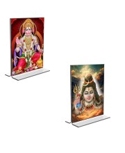 Car Desk/Table Top Lord Shiva & Sri Hanuman Acrylic T-Style Photo Stand - 2.5x3.5 Inches, Compact and Stylish Spiritual Display, easily change 2 photos (Pack of 1)