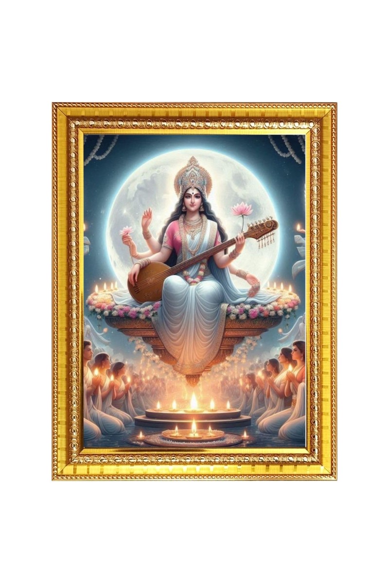 Saraswati Photo Frame - 10x14 Inches, Brown Wooden Frame for Home, Office & Temple Decoration
