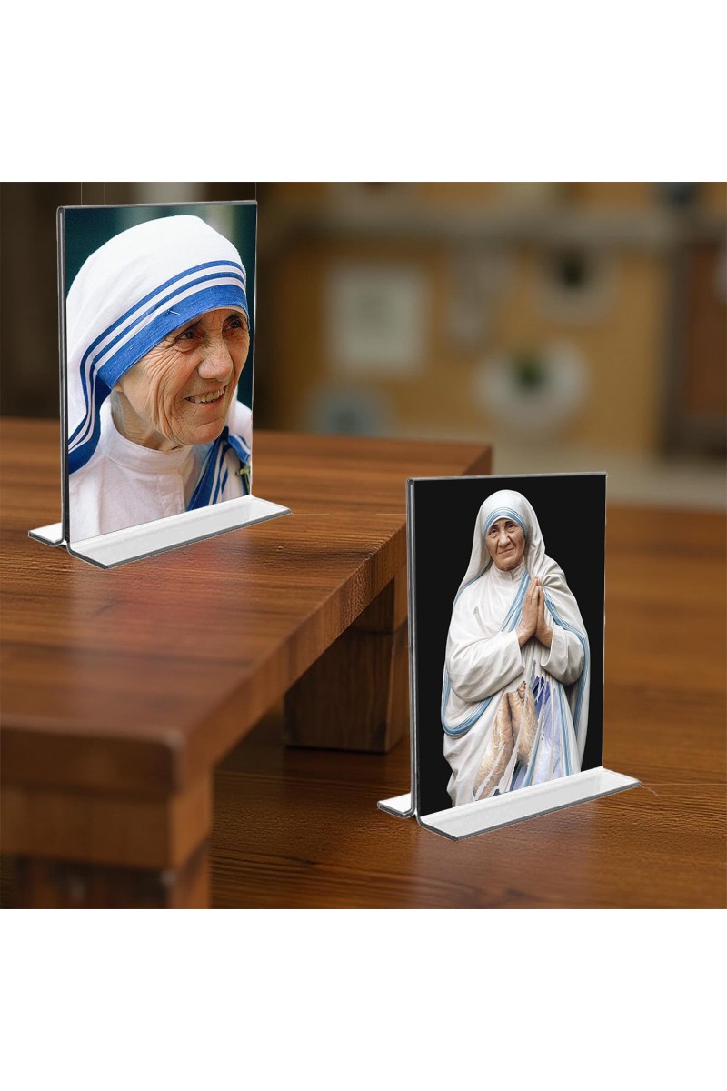Mother Teresa Acrylic T-Style Photo Stand, Compact and Stylish Spiritual Display, easily change 2 photos (Pack of 1)